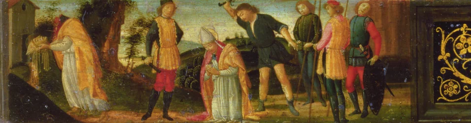 Das Martyrium des hl. Denis (Dionysius) von Paris, Abschnitt des Predella-Panels, das Szenen aus dem Leben der Heiligen vom Altarbild der Madonna mit Kind und Heiligen darstellt